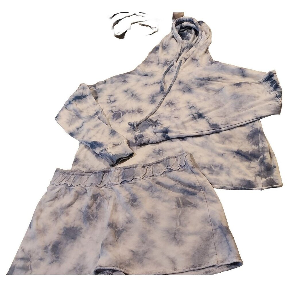2 Pc Tie-Dyed LS Hoodie And Shorts Blue White Very Soft Sleep Or Outting Size L